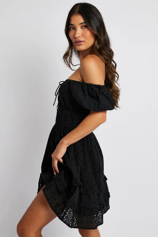 Black Fit and Flare Dress Short Sleeve Embroidered