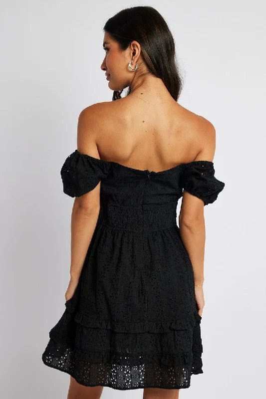 Black Fit and Flare Dress Short Sleeve Embroidered