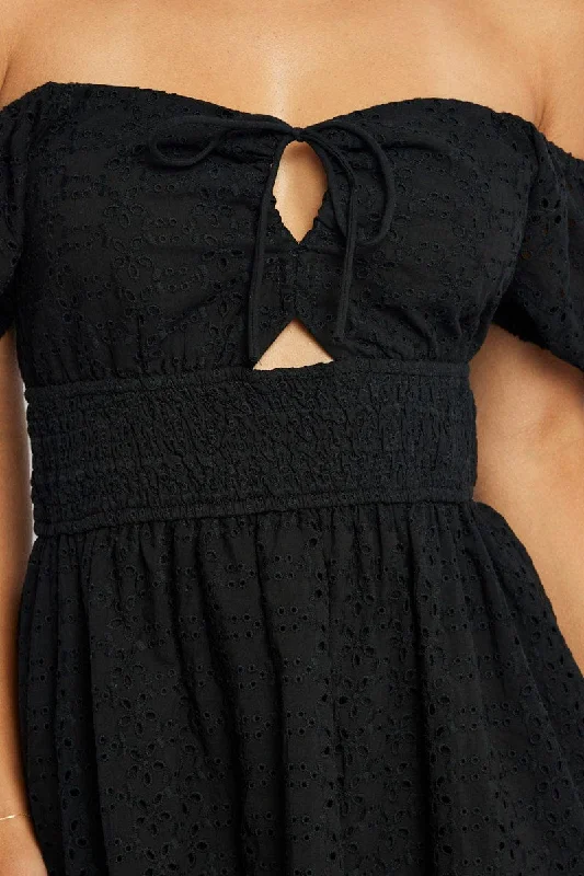 Black Fit and Flare Dress Short Sleeve Embroidered