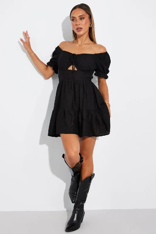 Black Fit and Flare Dress Short Sleeve Linen Blend