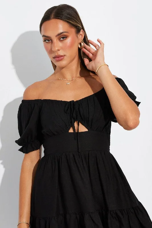 Black Fit and Flare Dress Short Sleeve Linen Blend