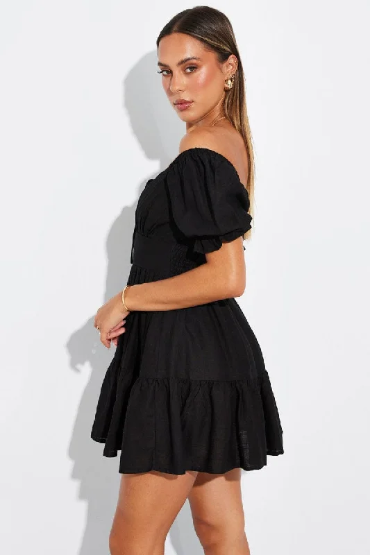 Black Fit and Flare Dress Short Sleeve Linen Blend