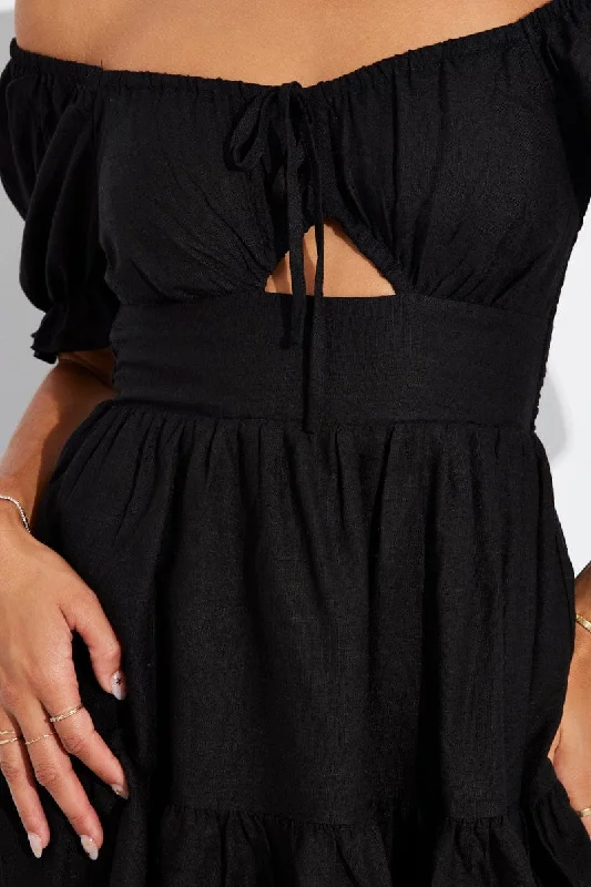 Black Fit and Flare Dress Short Sleeve Linen Blend