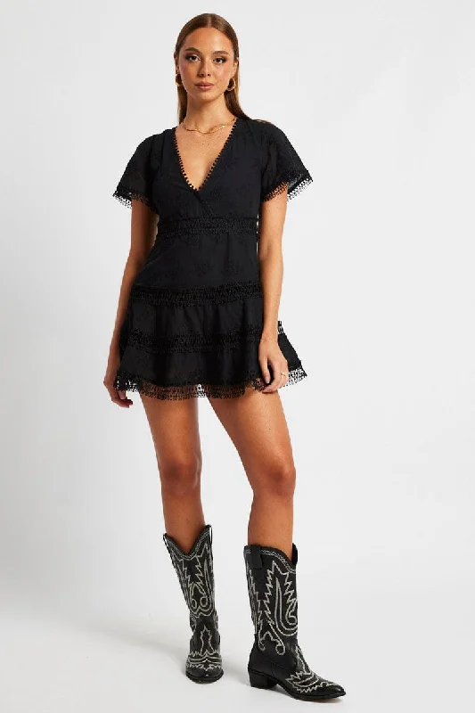 Black Fit And Flare Dress Short Sleeve Mini