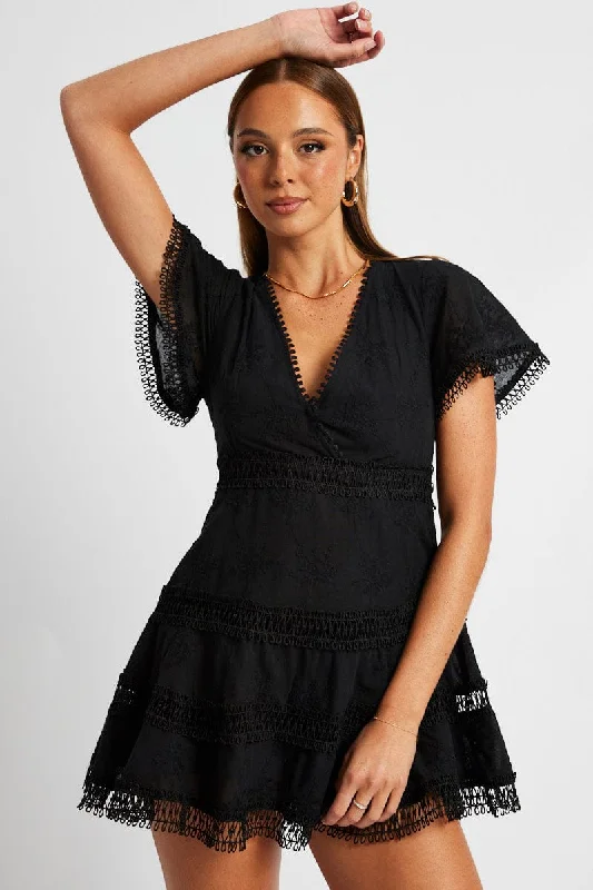 Black Fit And Flare Dress Short Sleeve Mini