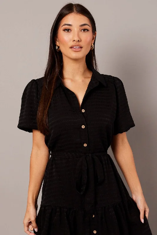 Black Fit And Flare Dress Short Sleeve Mini