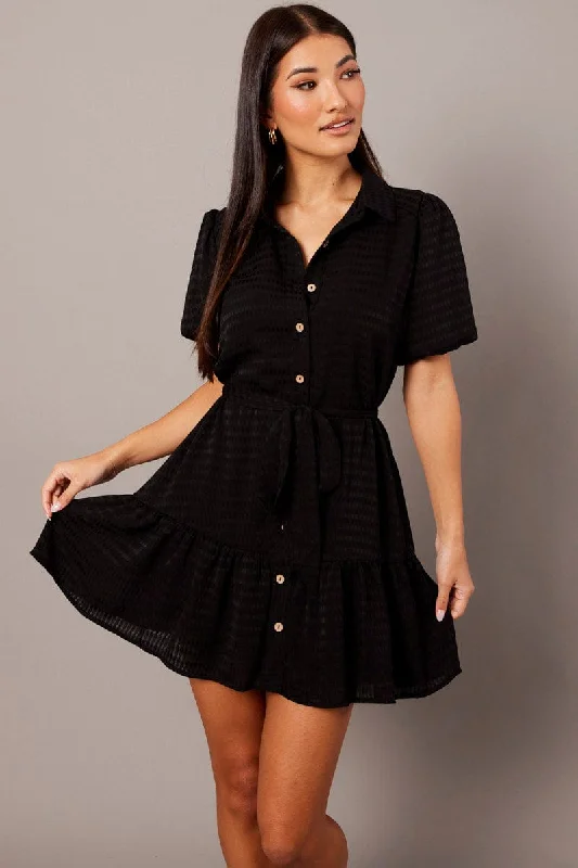 Black Fit And Flare Dress Short Sleeve Mini