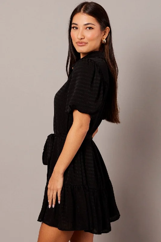 Black Fit And Flare Dress Short Sleeve Mini