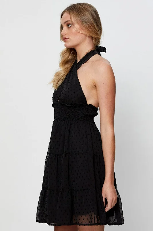 Black Fit And Flare Dress Sleeveless Halter Neck