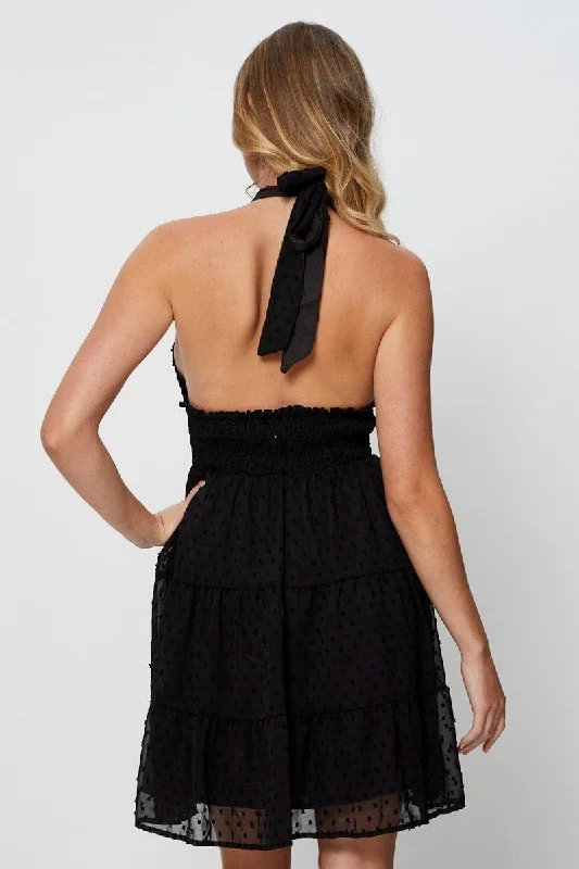 Black Fit And Flare Dress Sleeveless Halter Neck