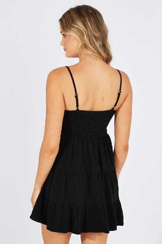 Black Fit and Flare Dress Sleeveless Tiered