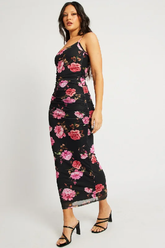 Black Floral Bodycon Dress Singlet Maxi