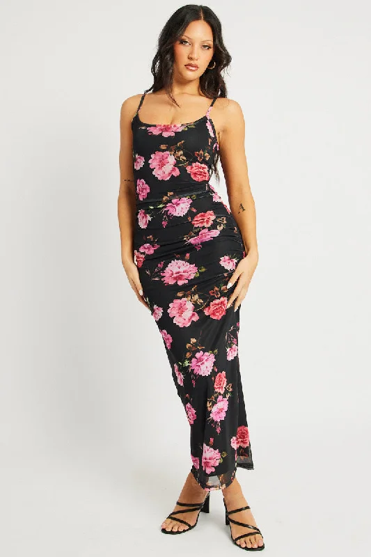 Black Floral Bodycon Dress Singlet Maxi