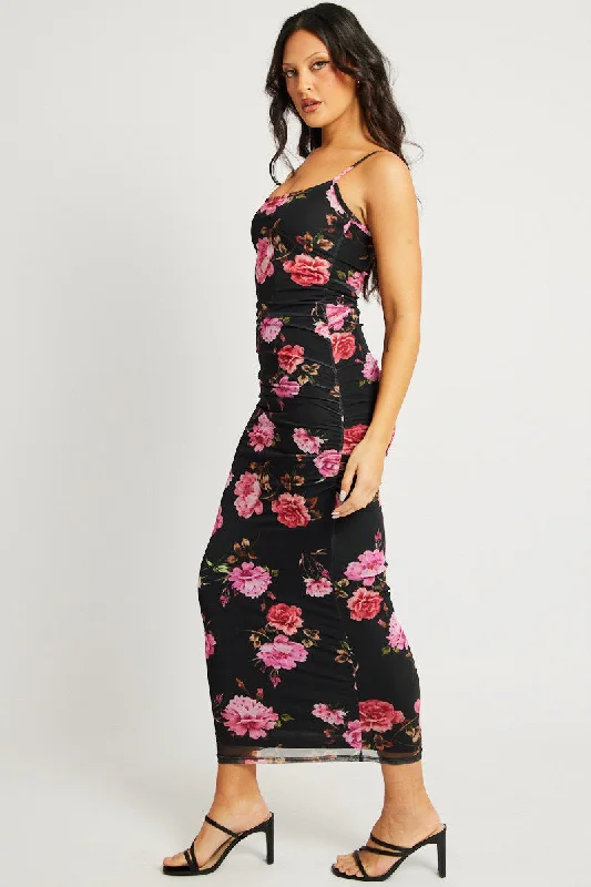 Black Floral Bodycon Dress Singlet Maxi