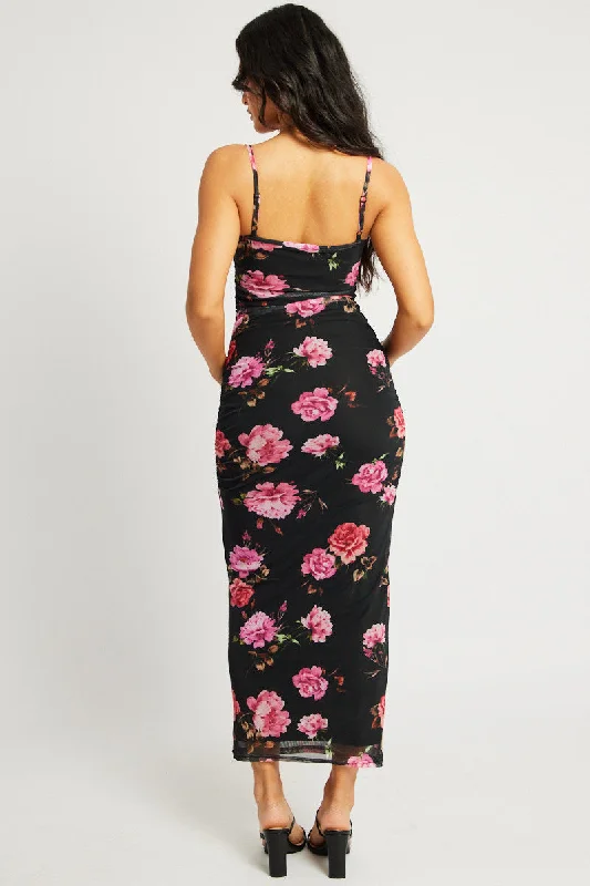 Black Floral Bodycon Dress Singlet Maxi