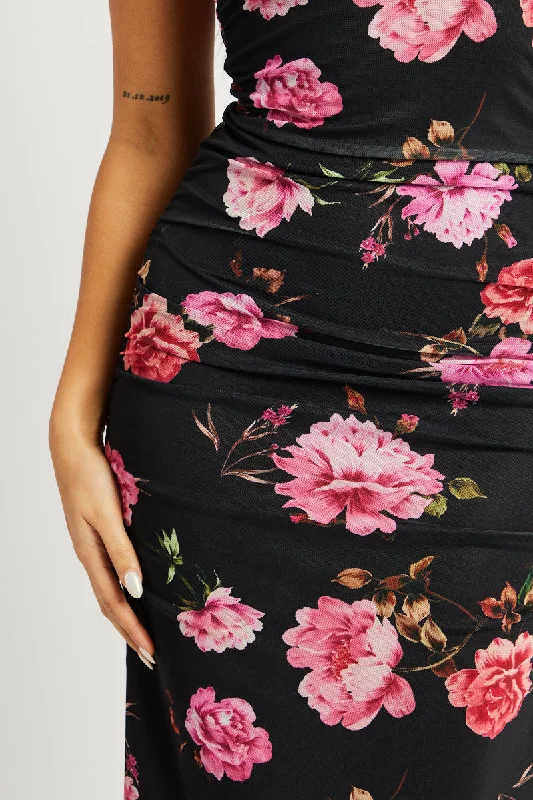 Black Floral Bodycon Dress Singlet Maxi