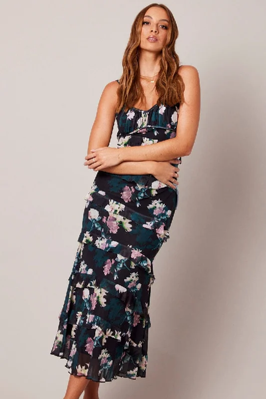 Black Floral Bodycon Dress Singlet Sweetheart Frill