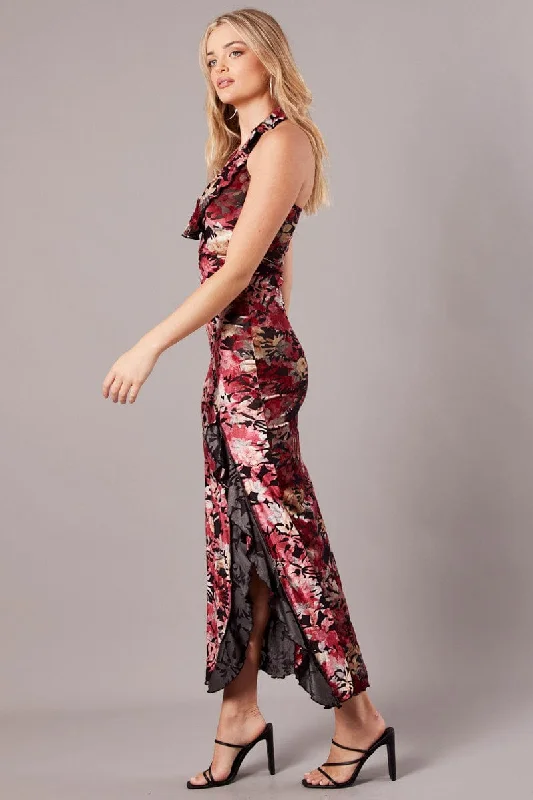 Black Floral Devore Maxi Dress Burnout Velvet Ruffle Dress