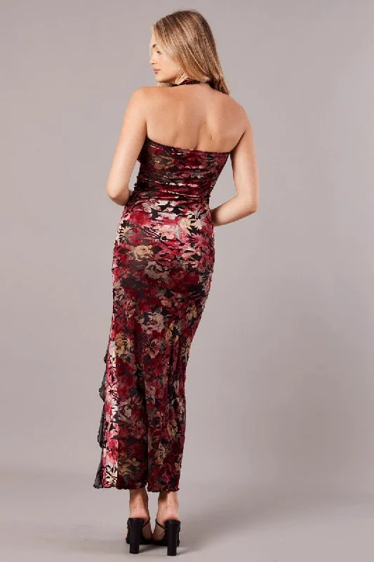 Black Floral Devore Maxi Dress Burnout Velvet Ruffle Dress