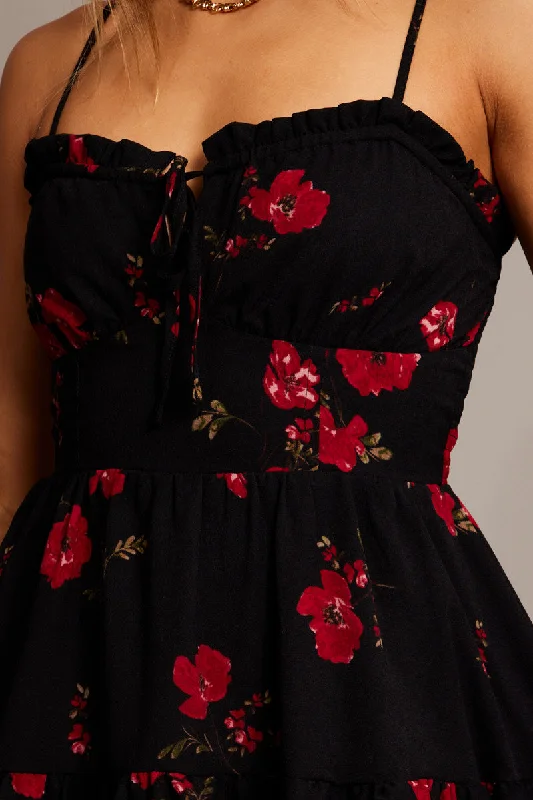 Black Floral Fit and Flare Dress Sleeveless Tiered