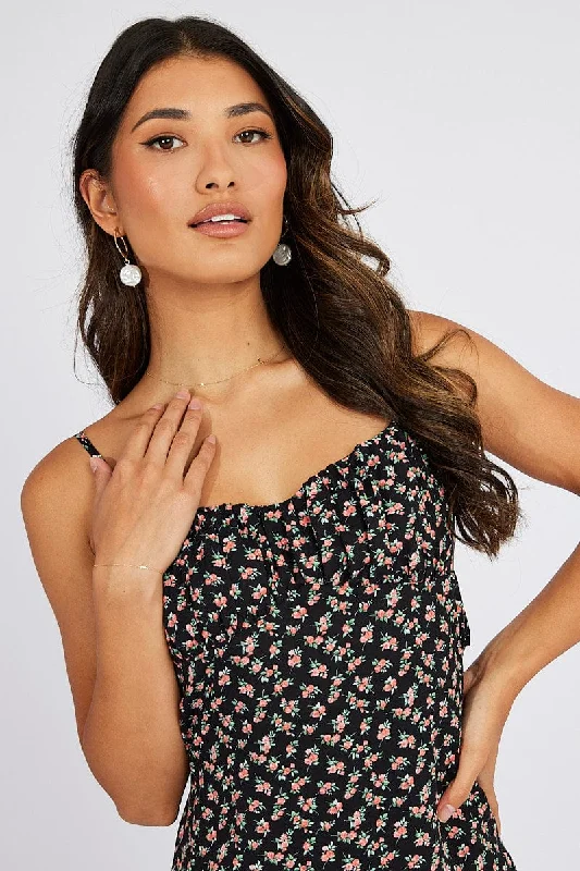 Black Floral Maxi Dress Gathered Bust Strappy