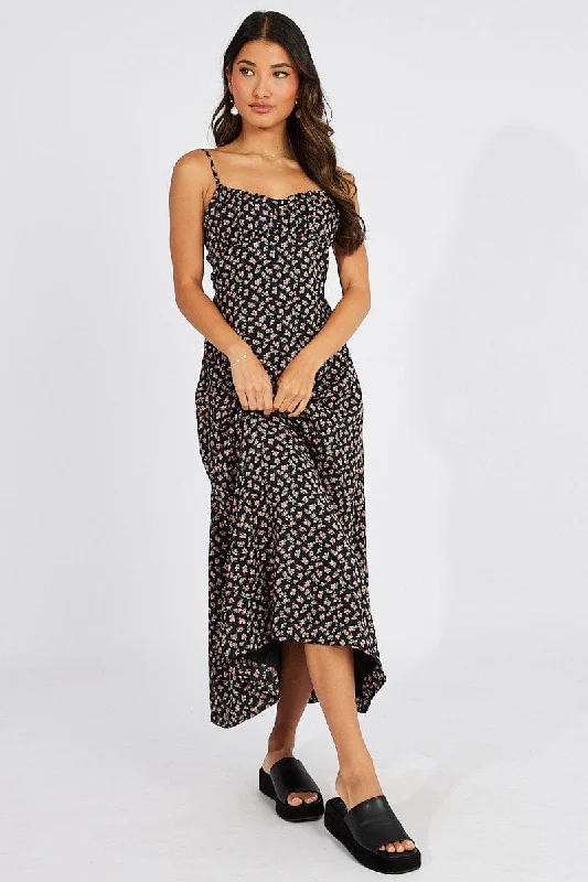 Black Floral Maxi Dress Gathered Bust Strappy