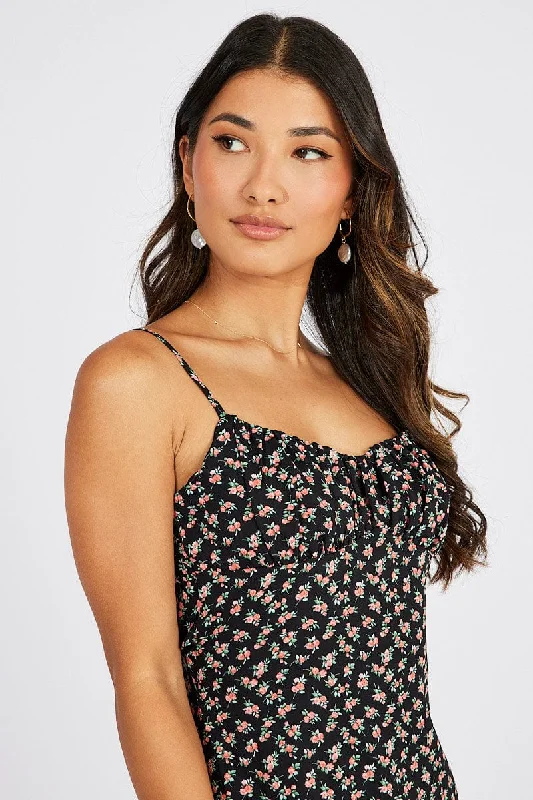 Black Floral Maxi Dress Gathered Bust Strappy