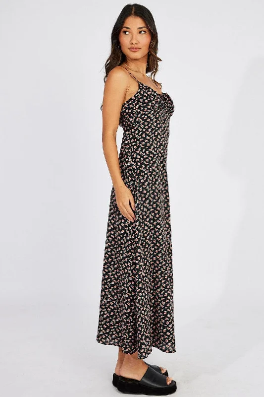 Black Floral Maxi Dress Gathered Bust Strappy