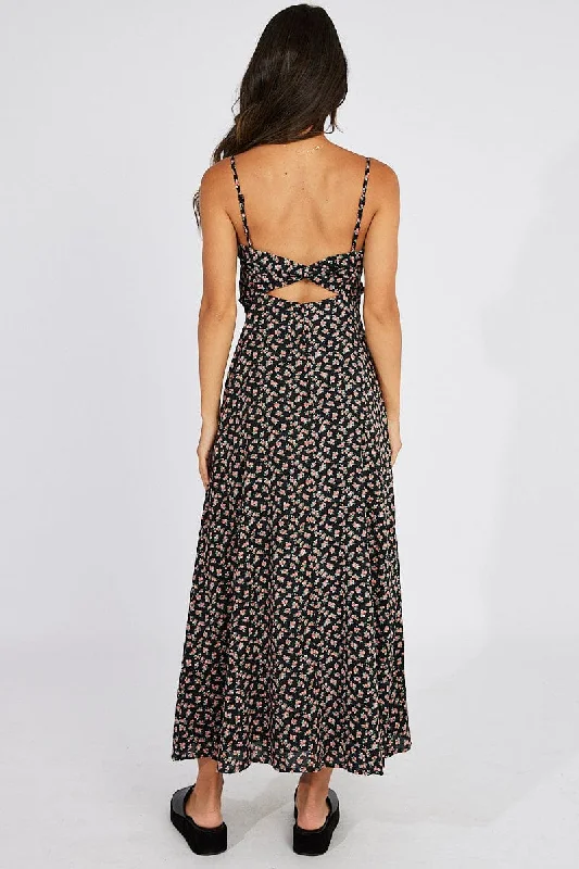 Black Floral Maxi Dress Gathered Bust Strappy