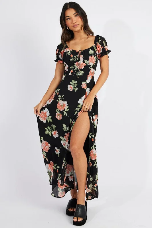 Black Floral Maxi dress Puff Sleeve