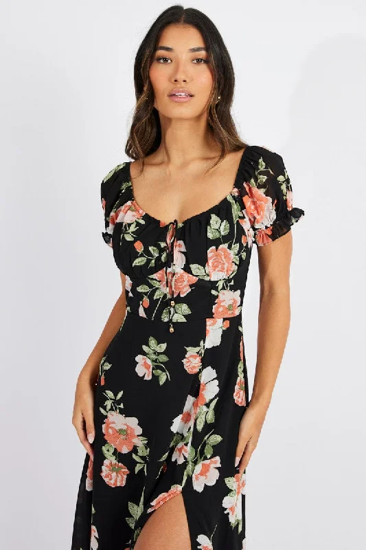 Black Floral Maxi dress Puff Sleeve