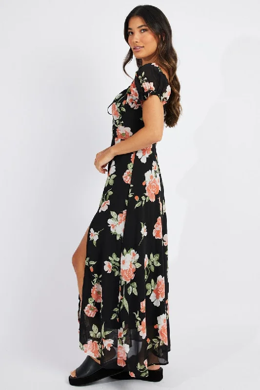 Black Floral Maxi dress Puff Sleeve