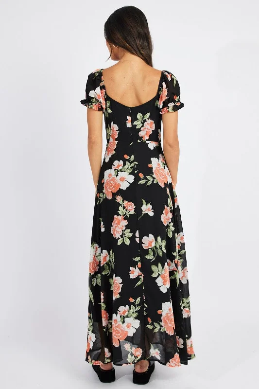 Black Floral Maxi dress Puff Sleeve