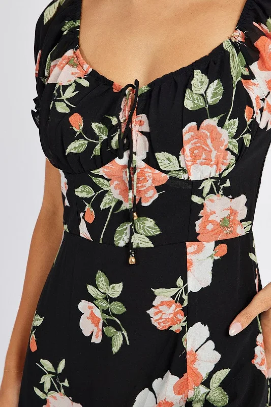 Black Floral Maxi dress Puff Sleeve