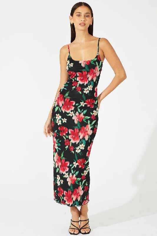 Black Floral Maxi Dress Sleeveless Bodycon Mesh