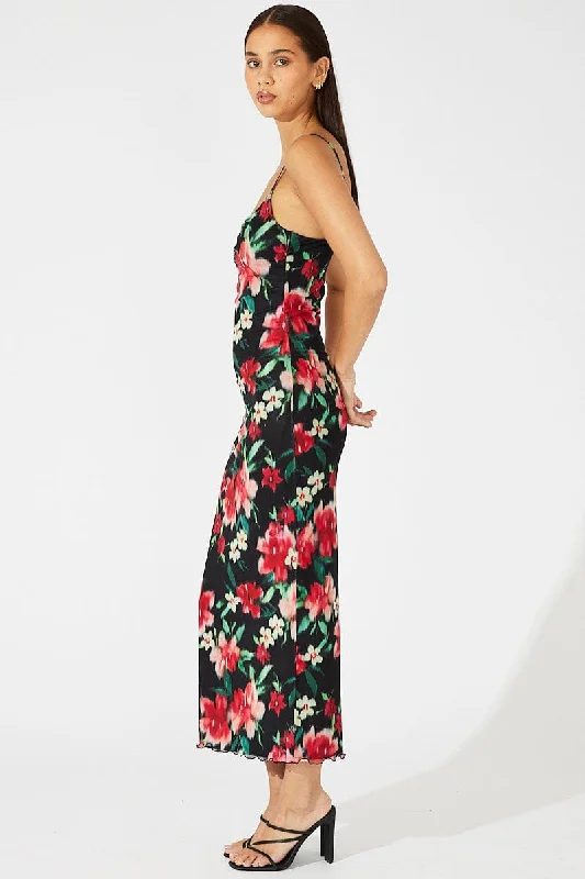 Black Floral Maxi Dress Sleeveless Bodycon Mesh