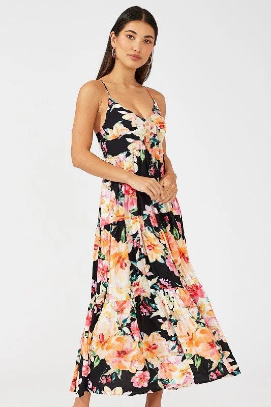 Black Floral Maxi Dress Sleeveless V-Neck