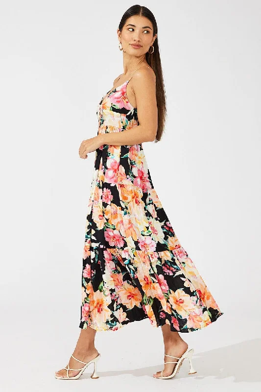 Black Floral Maxi Dress Sleeveless V-Neck