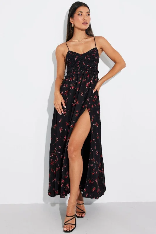 Black Floral Maxi Dress Strappy