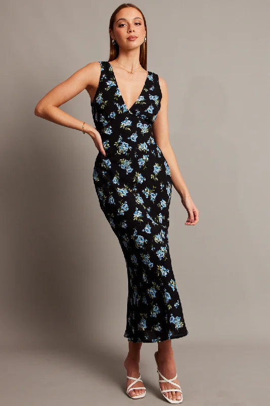 Black Floral Maxi Dress V-Neck Sleeveless