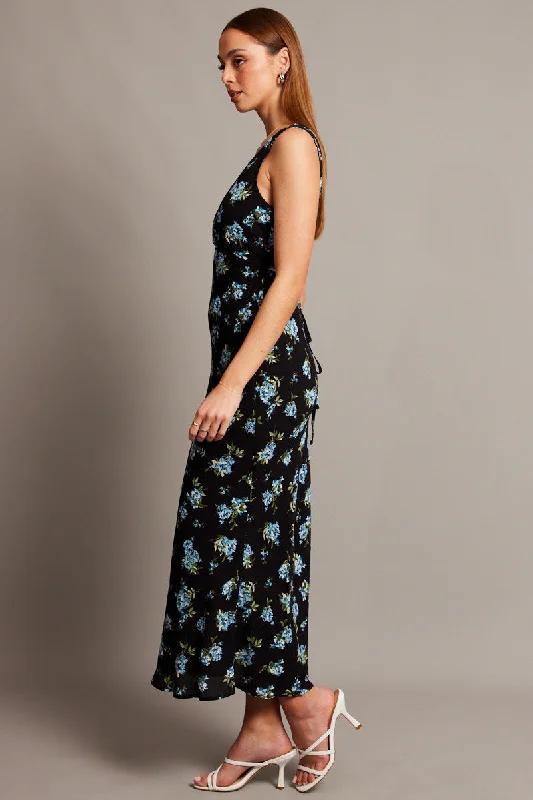 Black Floral Maxi Dress V-Neck Sleeveless