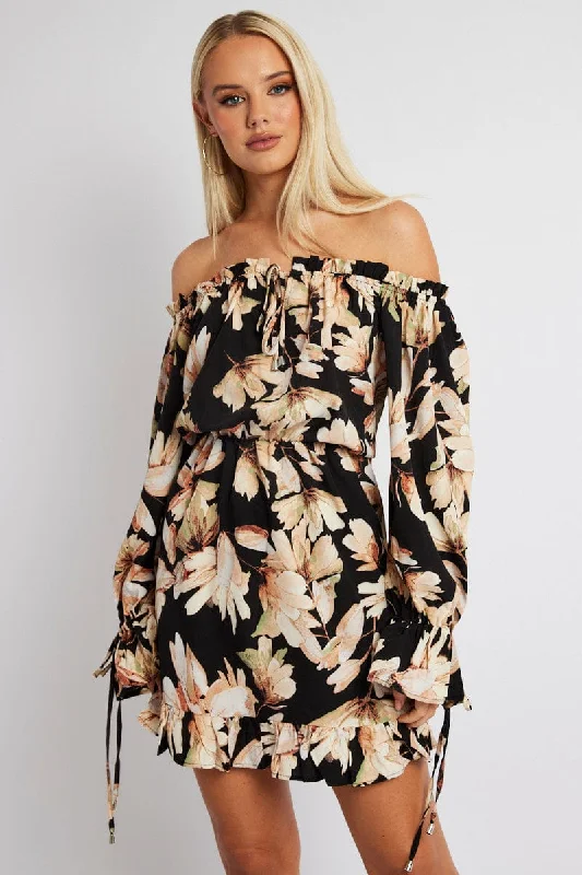 Black Floral Off Shoulder Dress Balloon Sleeve Skater Dress