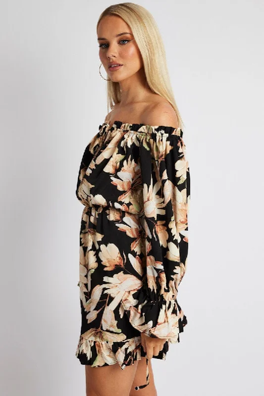 Black Floral Off Shoulder Dress Balloon Sleeve Skater Dress