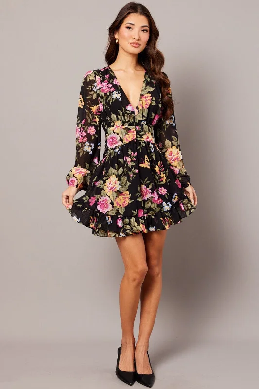 Black Floral Skater Dress Balloon Sleeve Ruffle Frill Dress