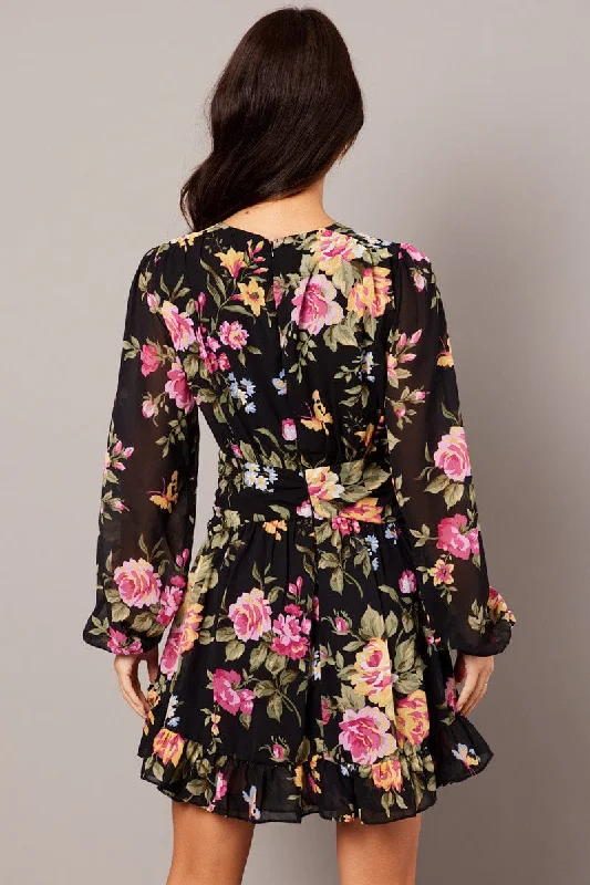 Black Floral Skater Dress Balloon Sleeve Ruffle Frill Dress