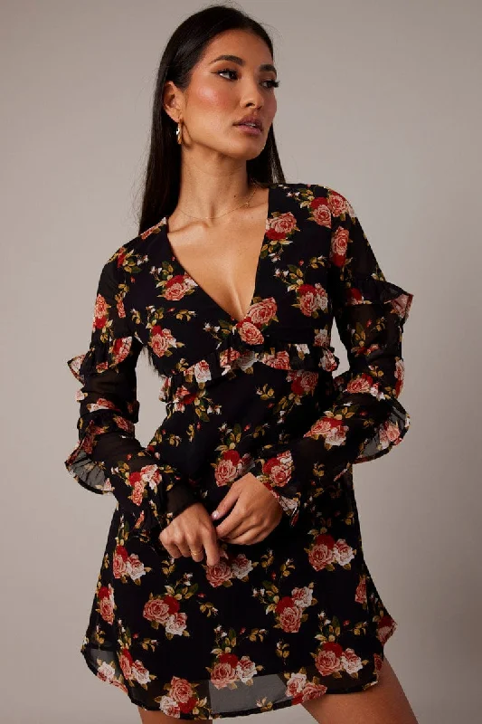 Black Floral Smock Dress Ruffle Sleeve Dress