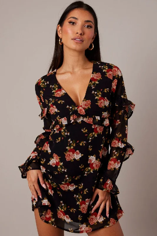 Black Floral Smock Dress Ruffle Sleeve Dress