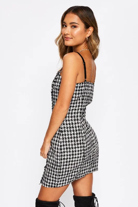 Black Houndstooth Mini Bodycon Dress