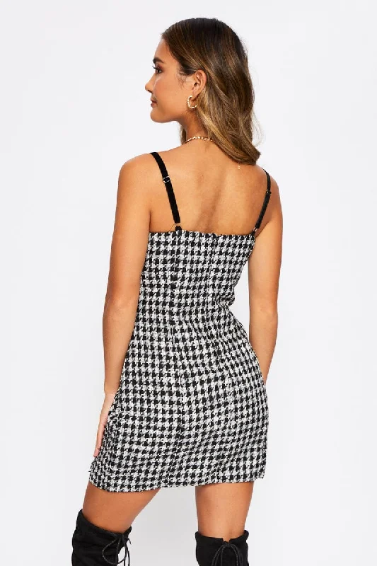 Black Houndstooth Mini Bodycon Dress