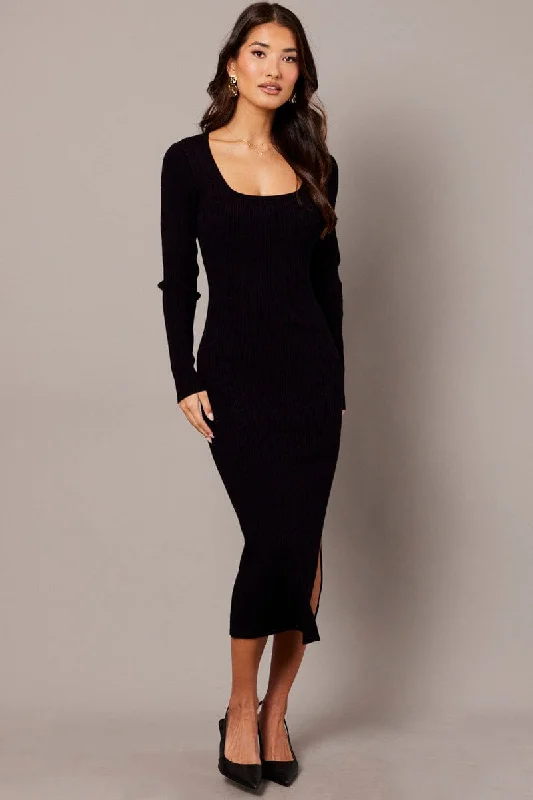 Black Knit Dress Long Sleeve Bodycon